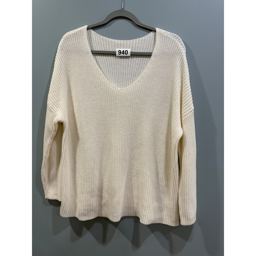 Womens Shaker Stitch V-Neck Pullover Sweater Cream Ivory Knit Relaxed Fit